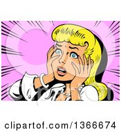 Clipart Of A Retro Blond Caucasian Dramatic Woman Touching Her Face And Looking Shocked Over Pink Royalty Free Vector Illustration