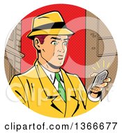 Retro Caucasian Man In A Fedora Hat And Yellow Suit Holding A Ringing Smart Phone