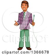 Cartoon Happy Retro Male Game Show Host Holding A Microphone And Gesturing