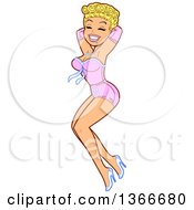 Clipart Of A Cartoon Retro Glamorous Blond Caucasian Bombshell Pinup Woman In A Pink Sexy Outfit Royalty Free Vector Illustration