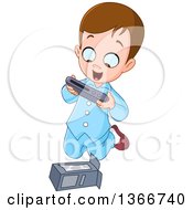 Poster, Art Print Of Cartoon Excited Brunette White Boy In His Pajamas Kneeling And Opening A Christmas Or Birthday Gift