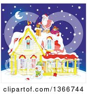 Poster, Art Print Of Santa Claus On A Roof Top Dropping A Gift Down A Chimney On A Snowy Christmas Eve Night