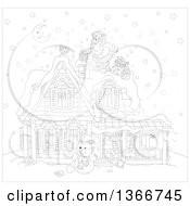 Poster, Art Print Of Black And White Santa Claus On A Roof Top Dropping A Gift Down A Chimney On A Snowy Christmas Eve Night