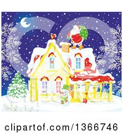 Poster, Art Print Of Santa Claus On A Roof Top On A Snowy Christmas Eve Night