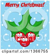 Poster, Art Print Of Cartoon Merry Christmas Greeting Over A Holly Berry And Leaves Character On Blue