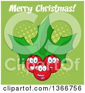 Poster, Art Print Of Cartoon Merry Christmas Greeting Over A Holly Berry And Leaves Character On Green