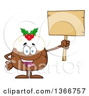 Cartoon Christmas Pudding Character Holding A Blank Wood Sign