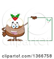 Cartoon Christmas Pudding Character Holding A Blank Sign