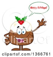 Clipart Of A Cartoon Christmas Pudding Character Saying Happy Holidays And Waving Royalty Free Vector Illustration by Hit Toon