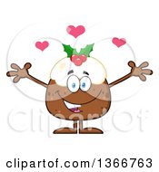 Cartoon Christmas Pudding Character Welcoming With Hearts