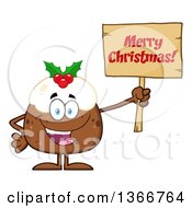 Cartoon Christmas Pudding Character Holding A Merry Christmas