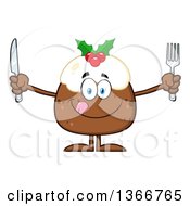 Poster, Art Print Of Cartoon Hungry Christmas Pudding Character Holding Silverware
