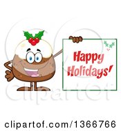 Cartoon Christmas Pudding Character Holding A Happy Holidays