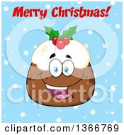 Poster, Art Print Of Cartoon Happy Christmas Pudding Character With Merry Christmas Text On Blue