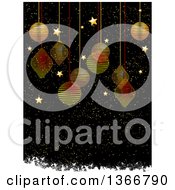 Poster, Art Print Of Christmas Background With Gold And Red Scribble Baubles Hanging Over Gold Stars And Snow With Grunge On Black