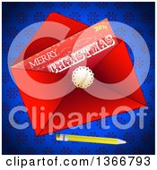 Poster, Art Print Of 2016 Merry Christmas Letter In A Red Envelope With A Pencil On Blue Snowflakes