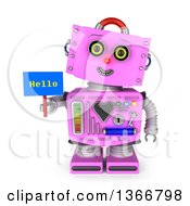 3d Retro Pink Female Robot Smiling Tilting Her Head To The Side And Holding A Hello Sign On A White Background
