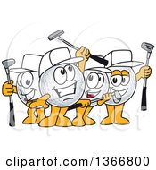 Team Of Golf Ball Sports Mascot Winners Cheering And Holding Clubs