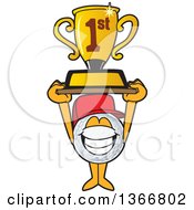 Poster, Art Print Of Golf Ball Sports Mascot Character Wearing A Red Hat And Holding Up A First Place Trophy