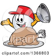 Golf Ball Sports Mascot Character Wearing A Red Hat And Serving A Roasted Thanksgiving Turkey