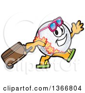 Poster, Art Print Of Golf Ball Sports Mascot Character Wearing A Hawaiian Lei And Sunglasses Walking With A Rolling Suitcase