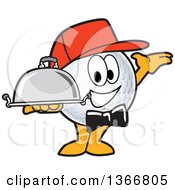 Golf Ball Sports Mascot Character Waiter Wearing A Red Hat Presenting And Holding A Cloche Platter