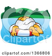 Golf Ball Sports Mascot Character Floating On A Life Buoy Water Hazard