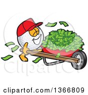 Golf Ball Sports Mascot Character Wearing A Red Hat And Pushing Cash Money In A Wheel Barrow