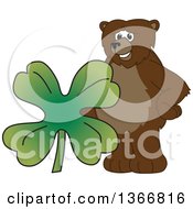 Poster, Art Print Of Grizzly Bear School Mascot Character With A Four Leaf St Patricks Day Clover