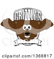 Poster, Art Print Of Grizzly Bear School Mascot Character Leaping Forward Over A Grizzlys Shield
