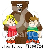 Poster, Art Print Of Grizzly Bear School Mascot Character Posing With Students