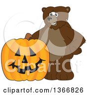 Poster, Art Print Of Grizzly Bear School Mascot Character With A Halloween Jackolantern Pumpkin