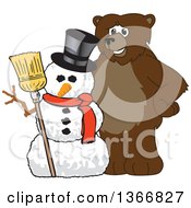 Poster, Art Print Of Grizzly Bear School Mascot Character With A Christmas Snowman