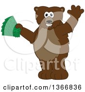 Poster, Art Print Of Grizzly Bear School Mascot Character Waving And Holding Cash Money