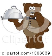 Poster, Art Print Of Grizzly Bear School Mascot Character Waiter Holding A Cloche Platter