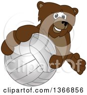 Poster, Art Print Of Grizzly Bear School Mascot Character Grabbing A Volleyball