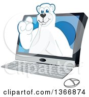Polar Bear School Mascot Character Emerging From A Desktop Computer