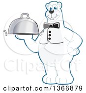 Polar Bear School Mascot Character Waiter Holding A Cloche Platter