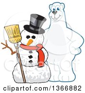 Polar Bear School Mascot Character With A Christmas Snowman