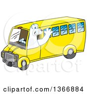 Polar Bear School Mascot Character Waving And Driving A School Bus