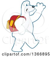 Polar Bear School Mascot Character Wearing A Backpack Walking And Waving