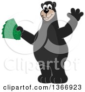 Black Bear School Mascot Character Waving And Holding Cash Money