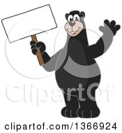 Black Bear School Mascot Character Waving And Holding A Blank Sign