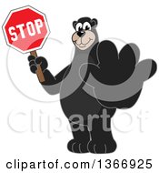 Black Bear School Mascot Character Holding Out A Paw And A Stop Sign