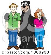 Black Bear School Mascot Character Posing With Parents Of Students