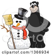 Black Bear School Mascot Character With A Christmas Snowman