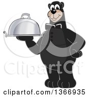Black Bear School Mascot Character Waiter Holding A Cloche Platter