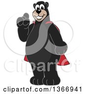 Black Bear School Mascot Character Wearing A Super Hero Cape Holding Up A Finger