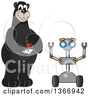 Clipart Of A Black Bear School Mascot Character Controlling A Robot Royalty Free Vector Illustration