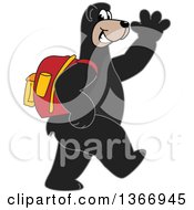 Black Bear School Mascot Character Wearing A Backpack Walking And Waving